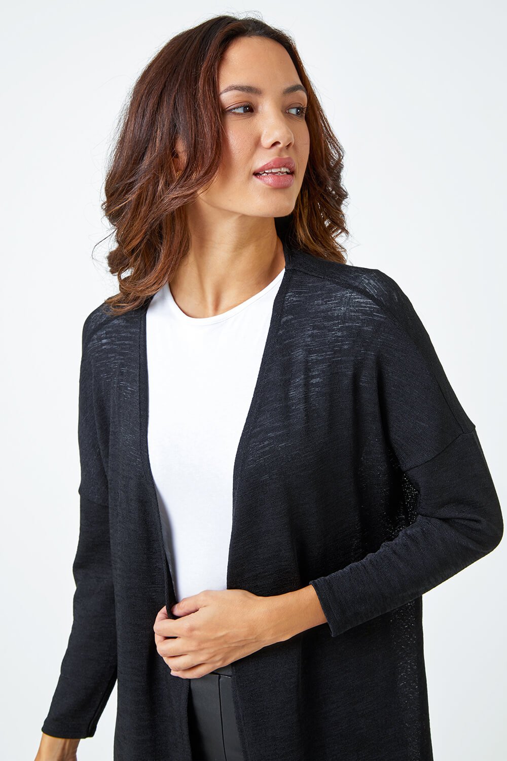 Longline Stretch Jersey Cardigan in Black - Roman Originals UK