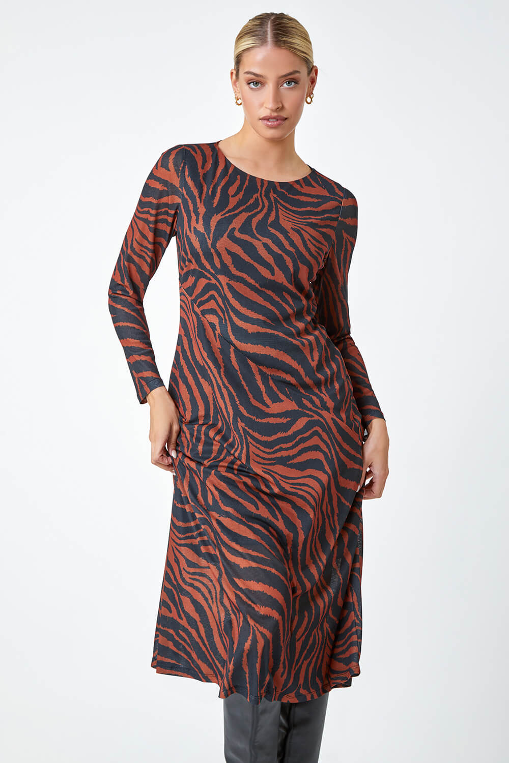 Tan Tiger Print Mesh Midi Stretch Dress, Image 4 of 5