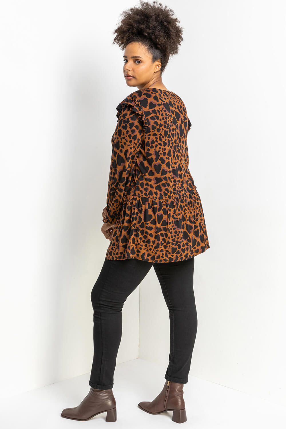 Coffee Curve Animal Print Frill Detail Tunic, Image 2 of 5