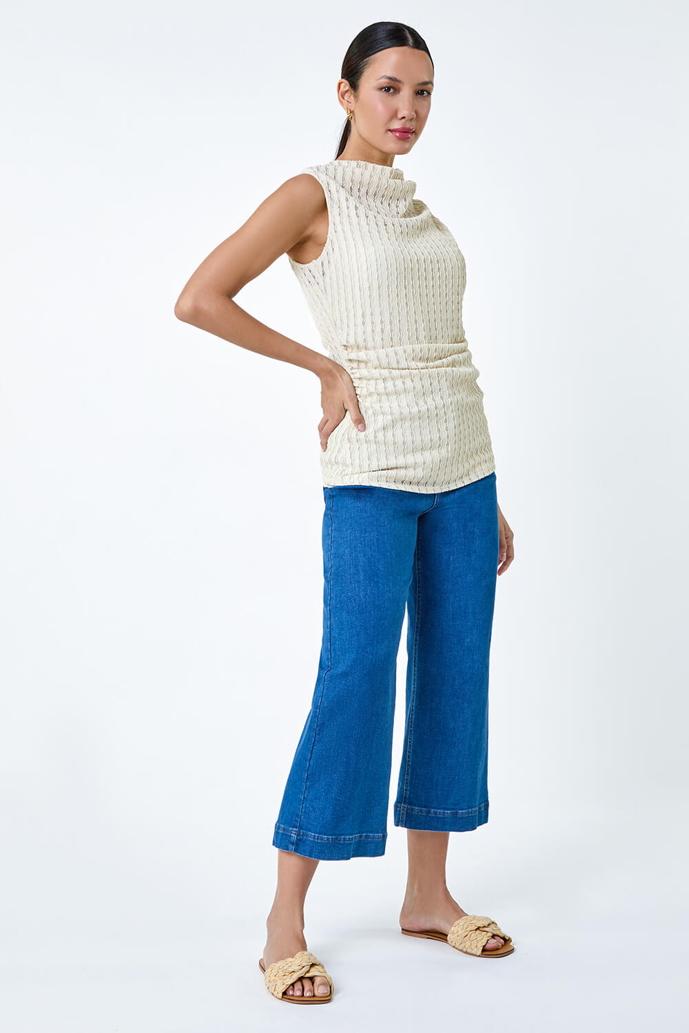 Natural  Textured High Neck Sleeveless Stretch Top, Image 4 of 5