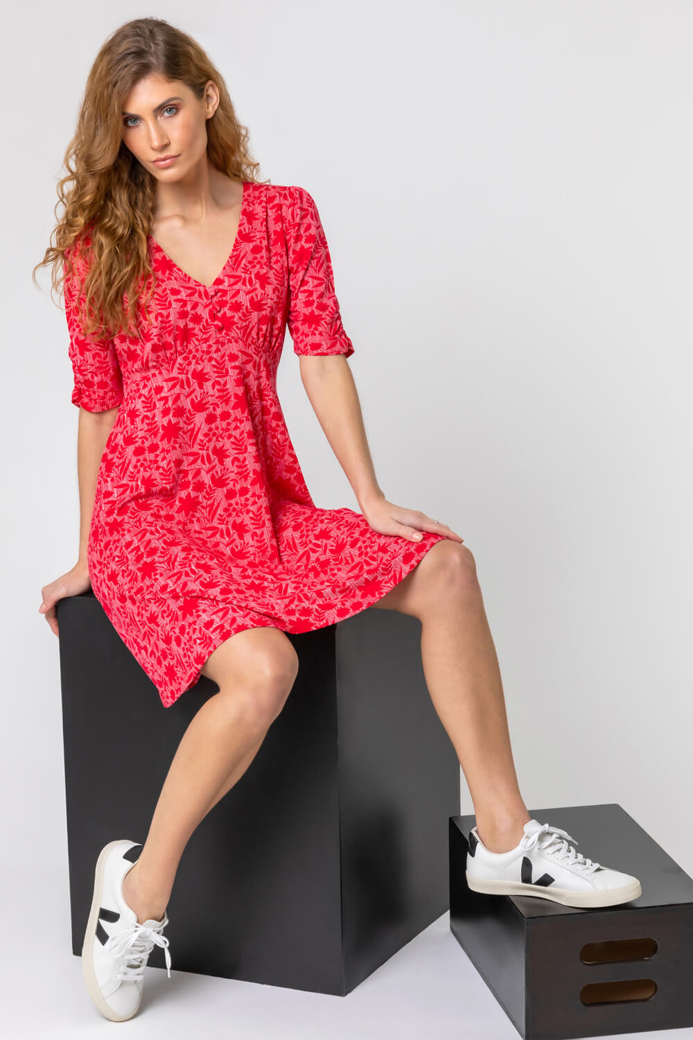 Red Floral Print Buttoned Tea Dress, Image 5 of 5