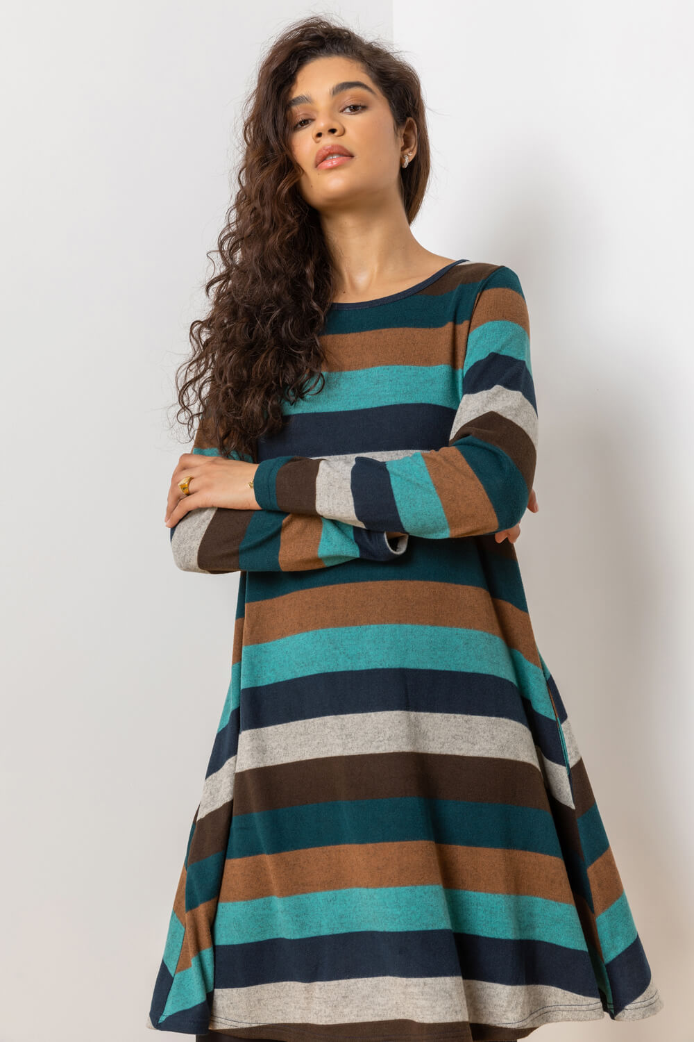 Teal Stripe Print Pocket Swing Dress, Image 3 of 4