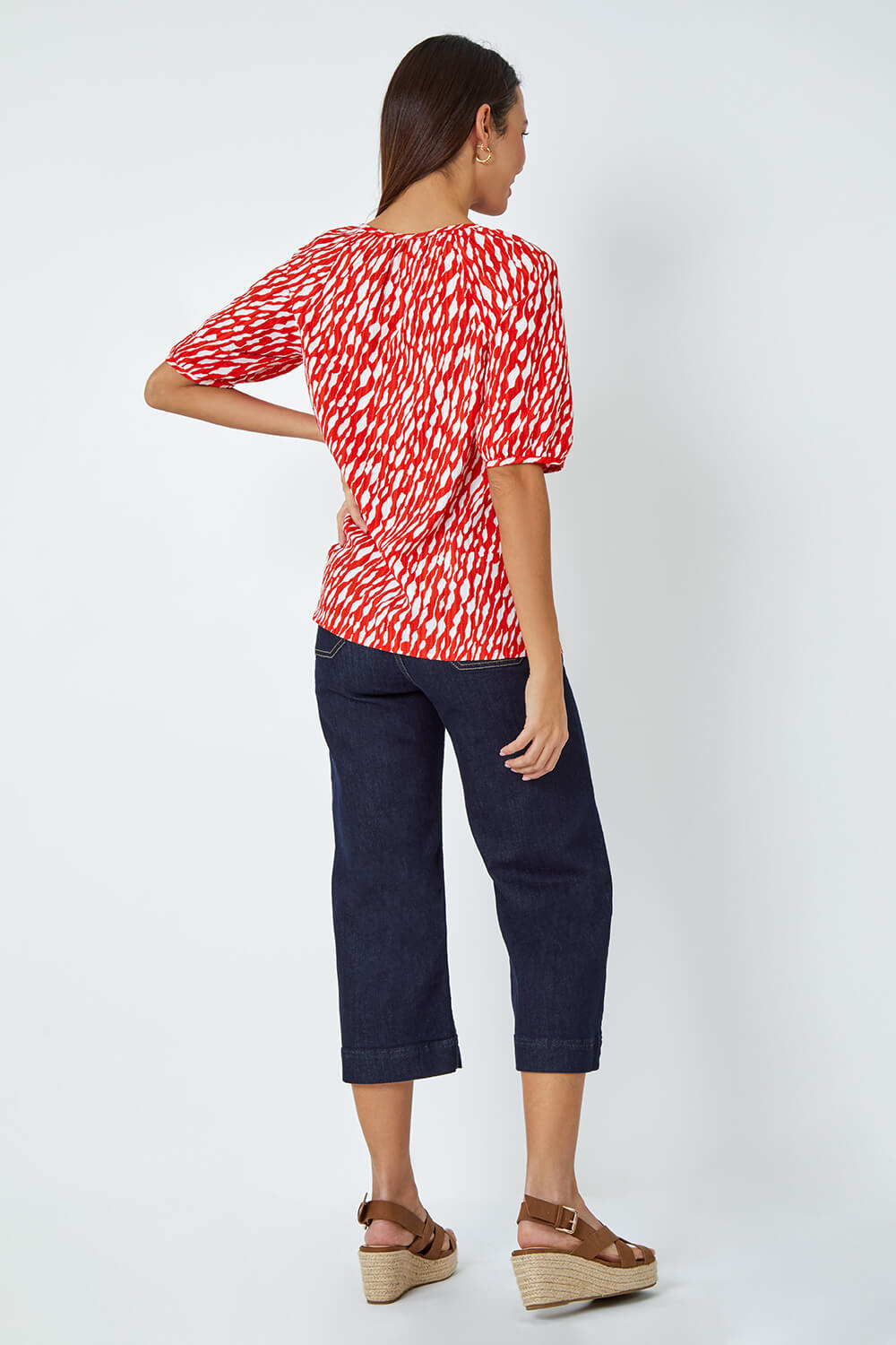 Red Abstract Print Tie Front Stretch Top, Image 3 of 5