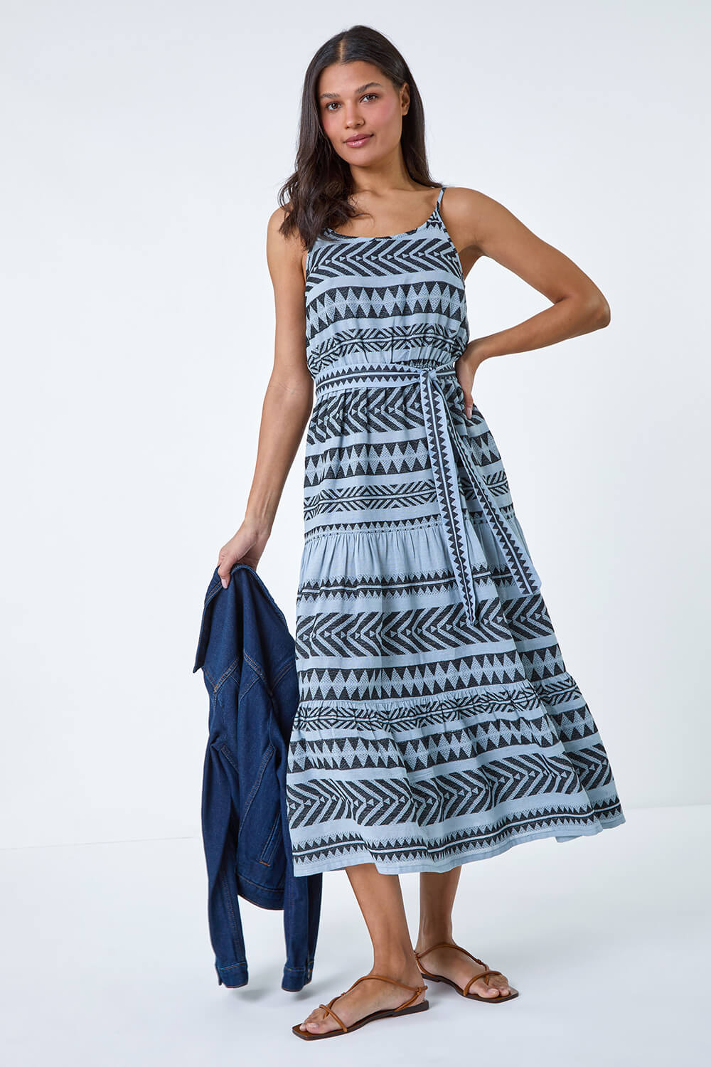 Light Blue  Aztec Cotton Tiered Midi Dress, Image 2 of 5
