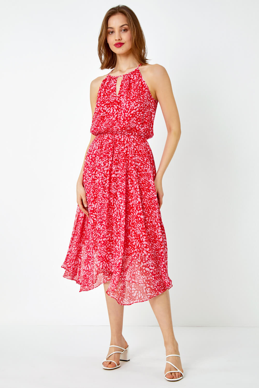 Red Abstract Print Halter Neck Midi Dress, Image 2 of 5