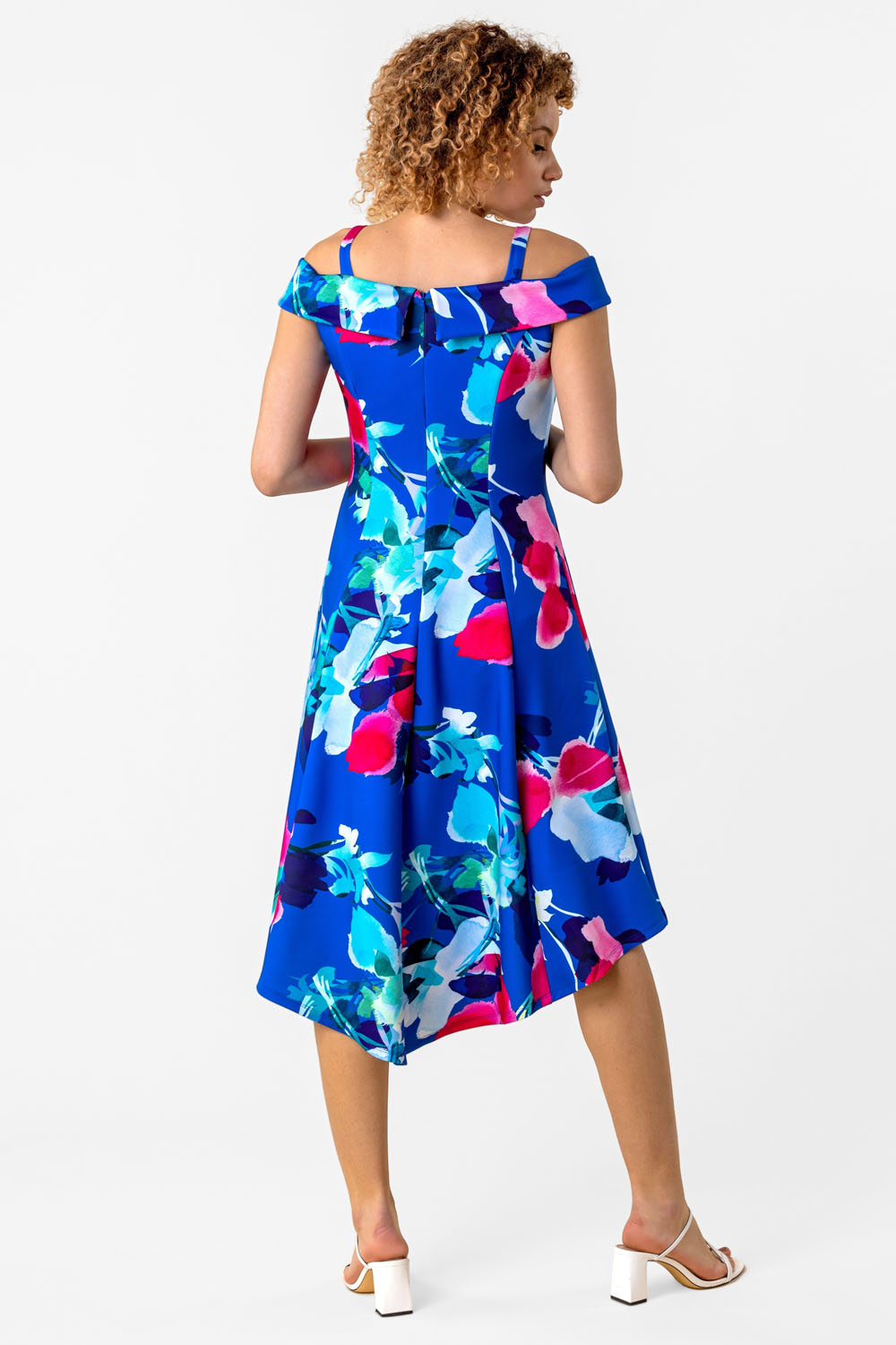 Royal Blue Cold Shoulder Floral Print Dress, Image 2 of 3