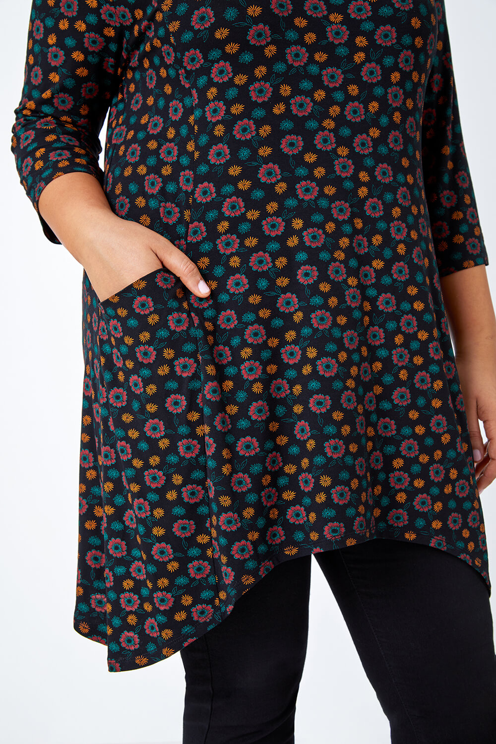 Rust Curve Floral Pocket Detail Stretch Tunic Top, Image 5 of 5
