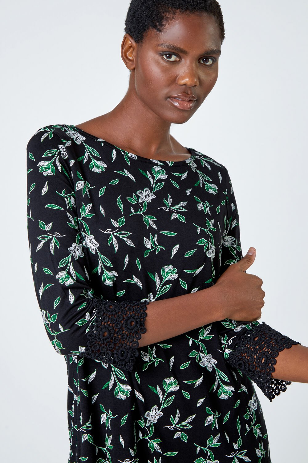 Green Floral Print Lace Detail Stretch Top, Image 4 of 5