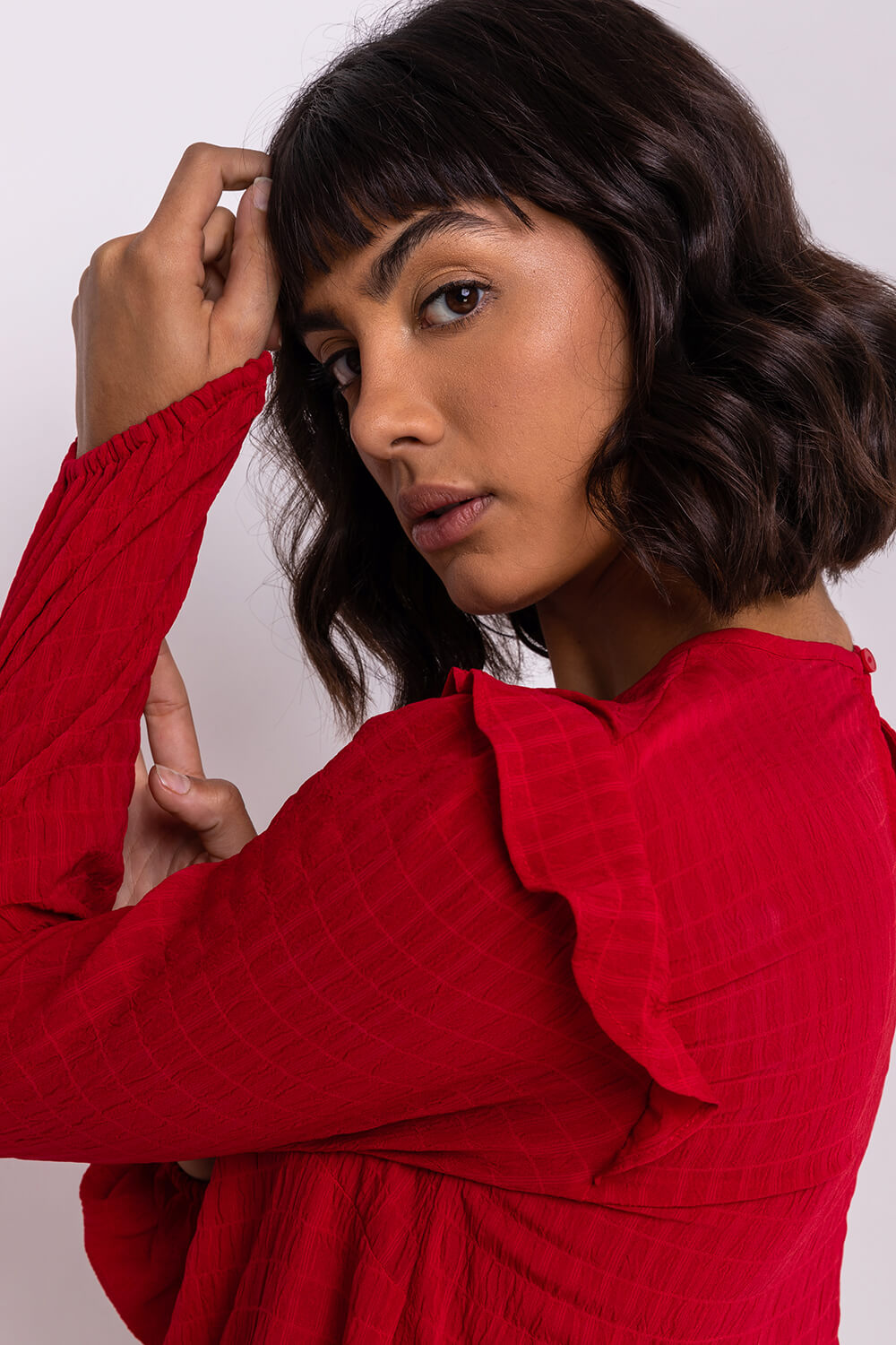 Red Textured Check Frill Detail Blouse, Image 4 of 5