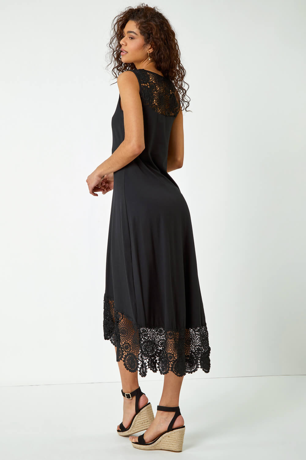 Black Crochet Hem Stretch Midi Dress, Image 3 of 6