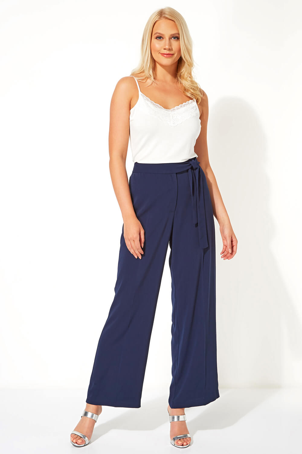 Navy  Side Tie Waist Trousers, Image 3 of 4