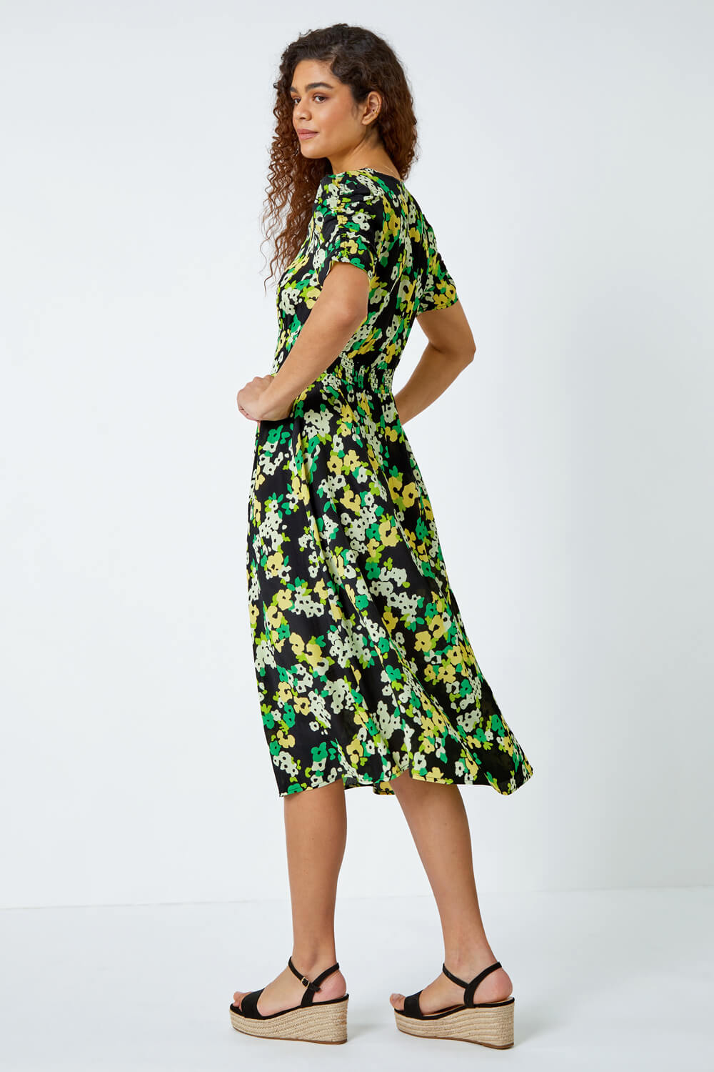 Green Ditsy Floral Ruched Sleeve Midi Dress, Image 3 of 5
