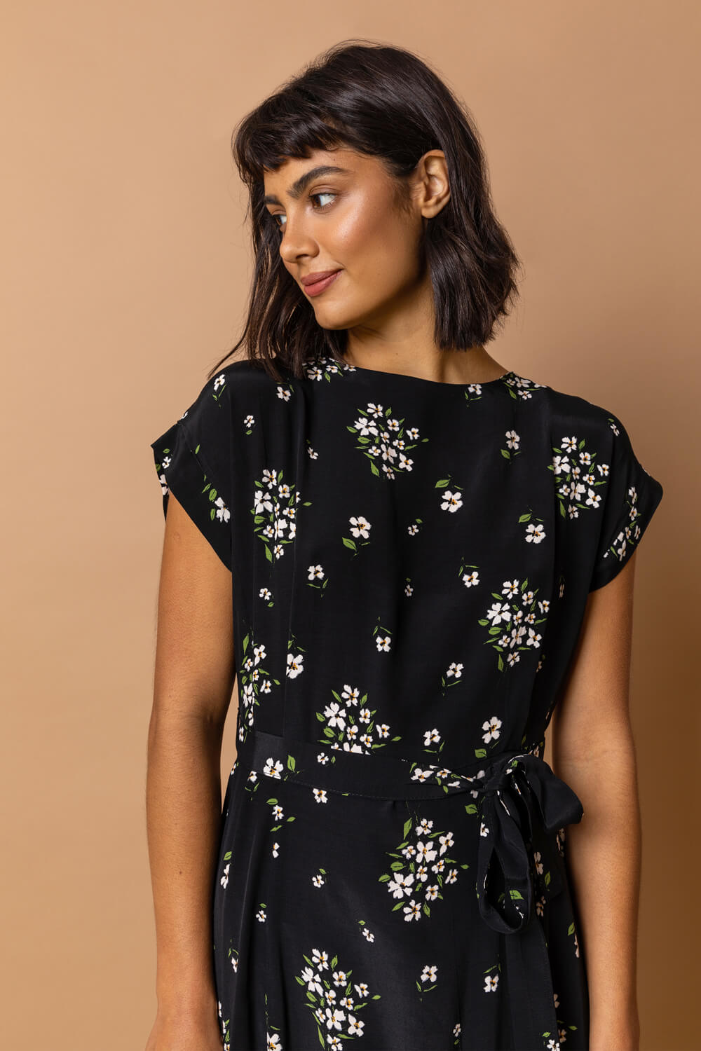 Black Floral Print Belted A-Line Dress, Image 3 of 3
