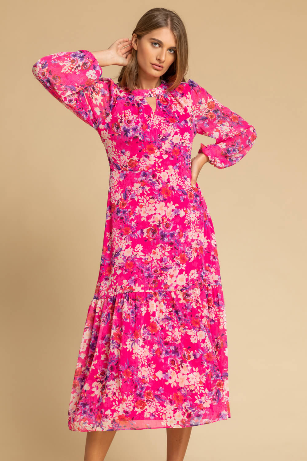 PINK Floral Print Tiered Keyhole Midi Dress, Image 4 of 5