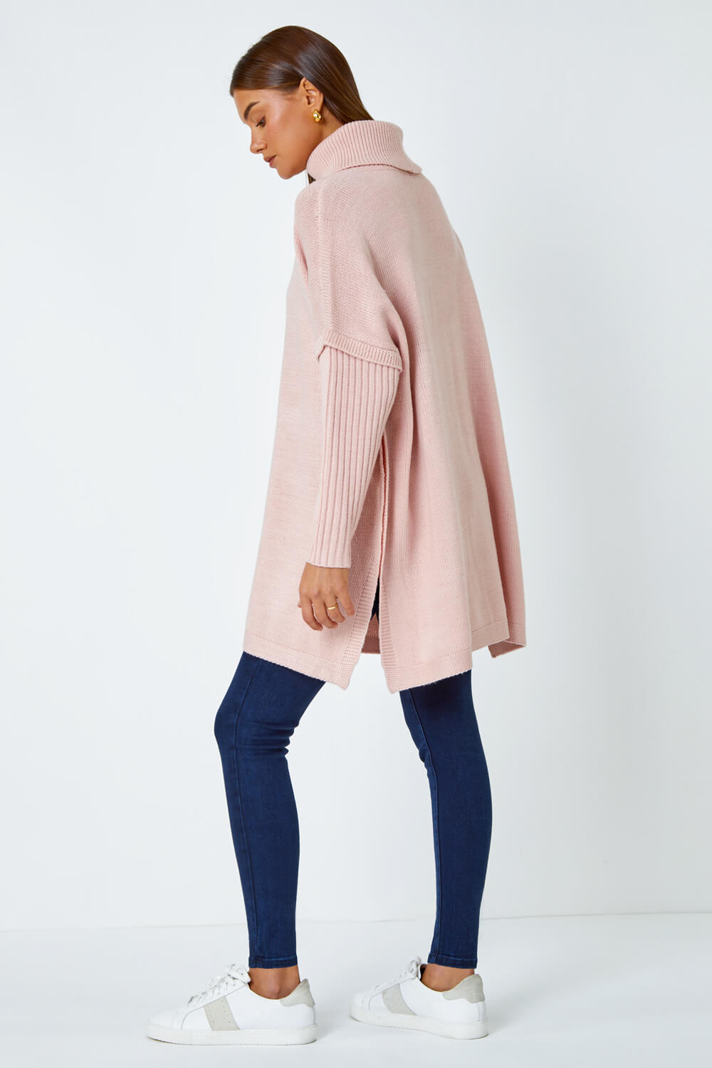 PINK Cable Knit Roll Neck Poncho Jumper, Image 3 of 5