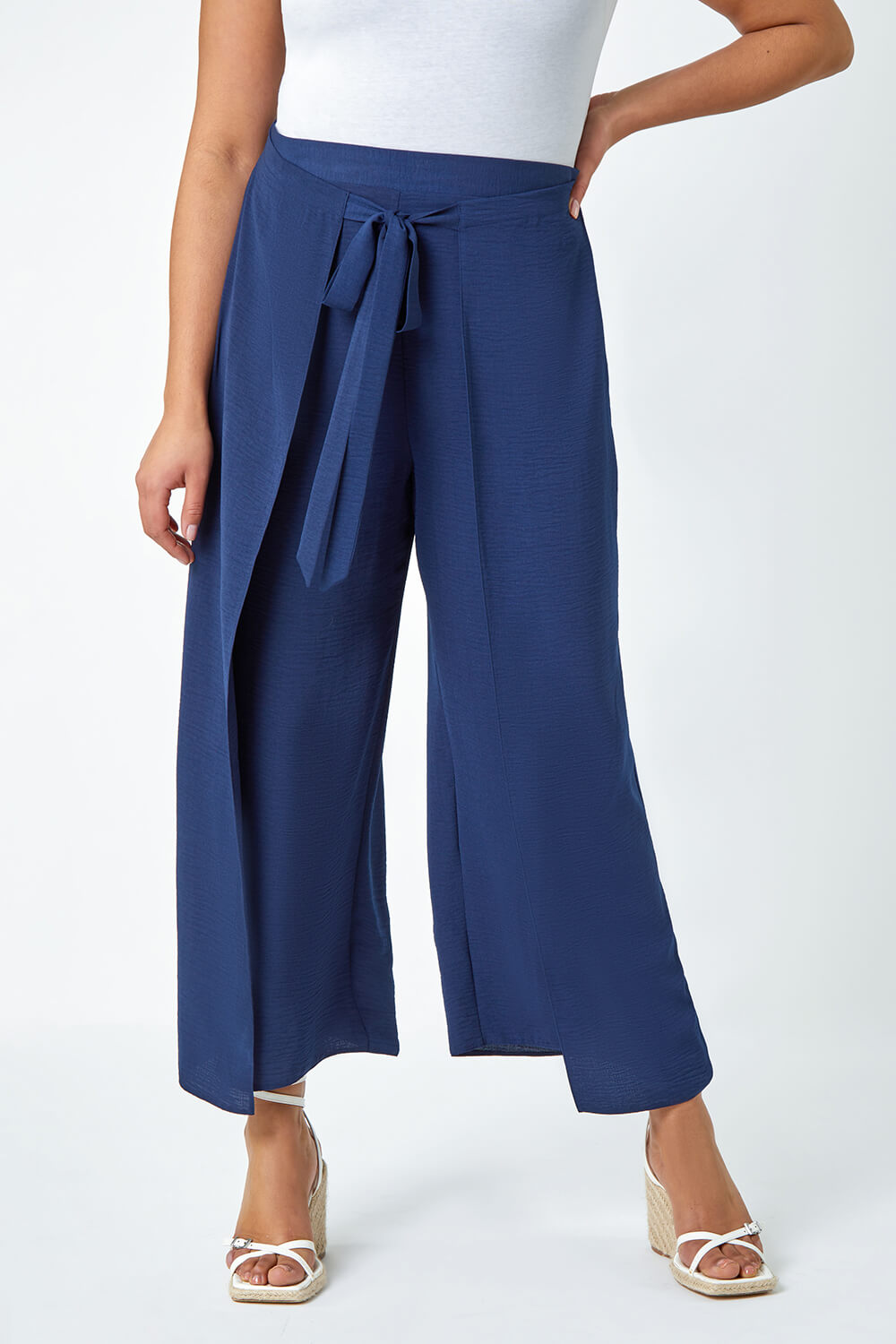 Navy  Curve Wrap Tie Wide Leg Trousers, Image 4 of 5