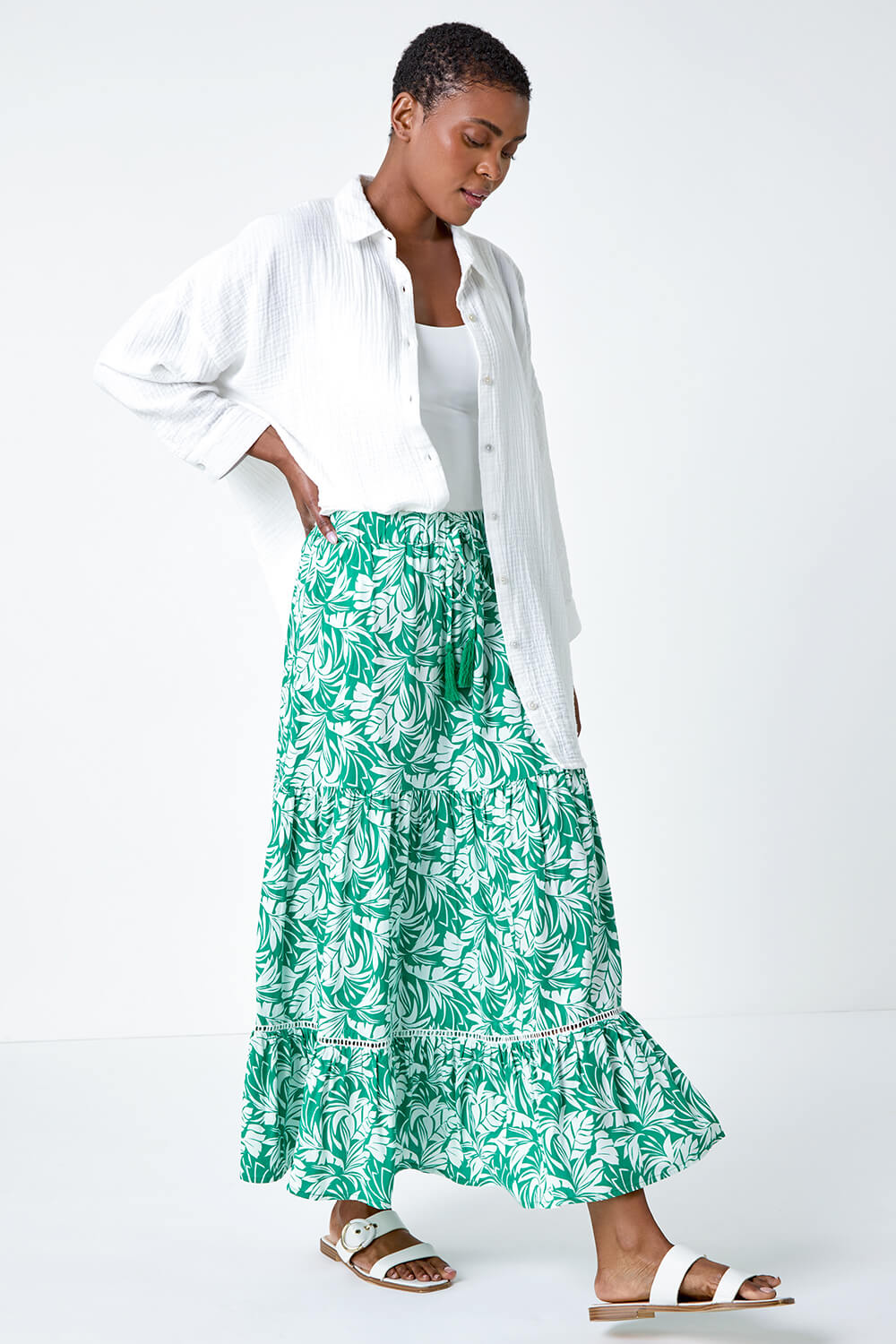 Green Floral Tassel Tie A Line Tiered Midi Skirt, Image 2 of 5
