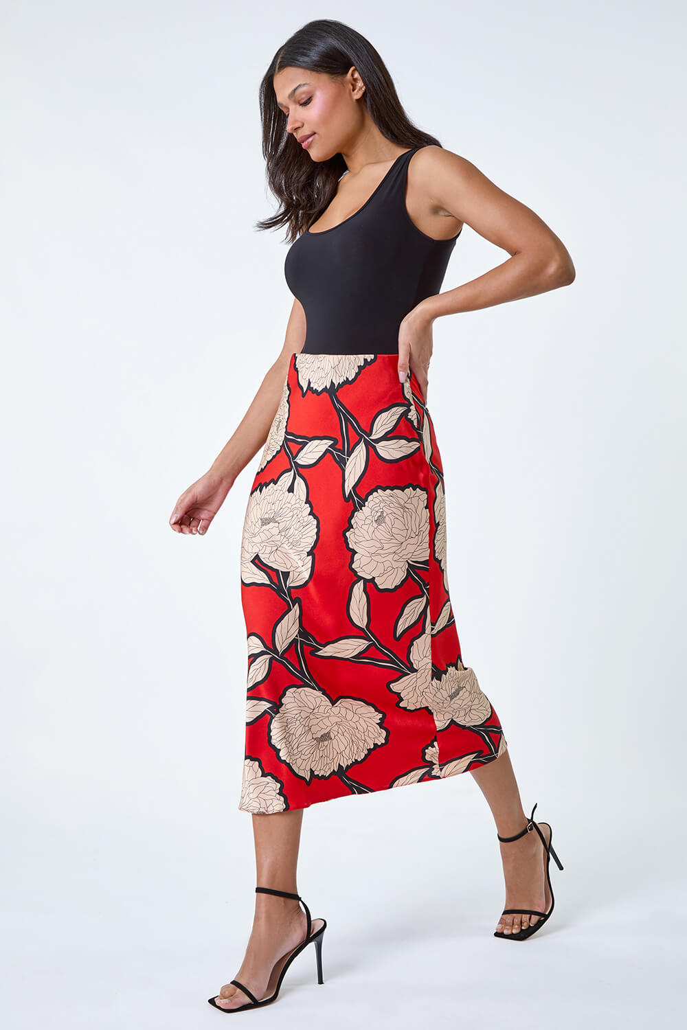 ORANGE Floral Satin Bias Cut Midi Skirt, Image 2 of 5