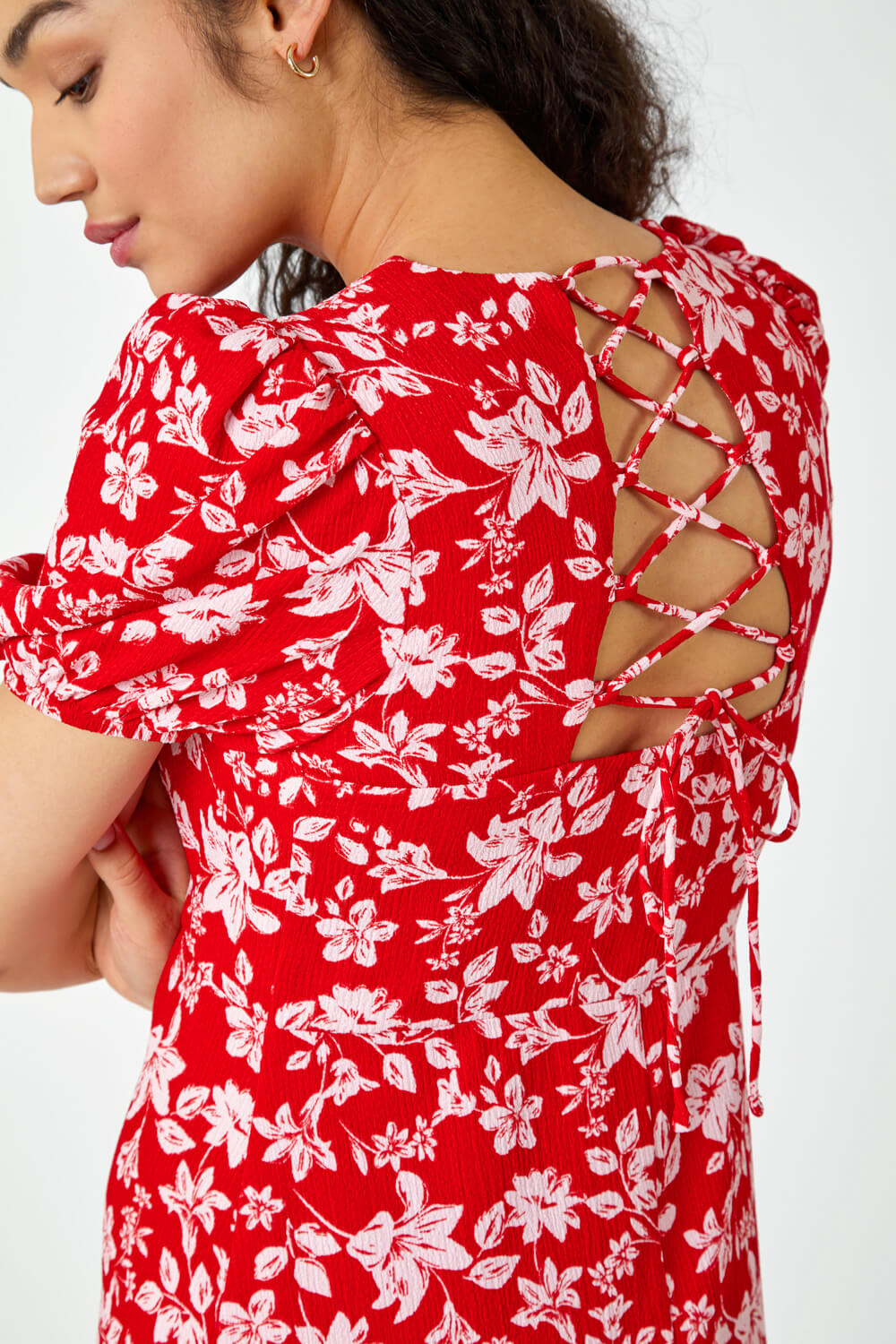 Red Floral Print Lace Back Midi Dress, Image 5 of 5