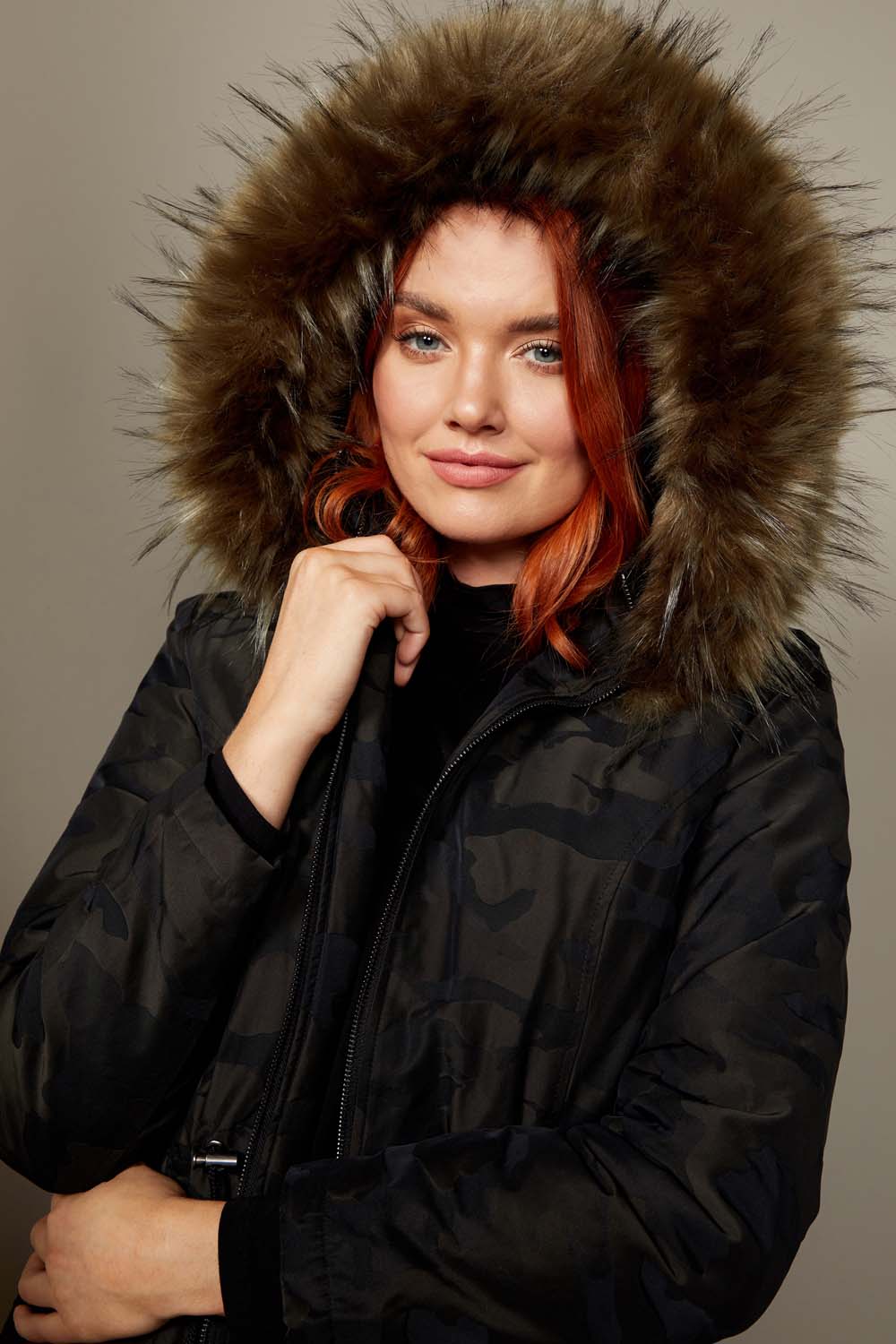 Camo Print Faux Fur Trim Hooded Coat