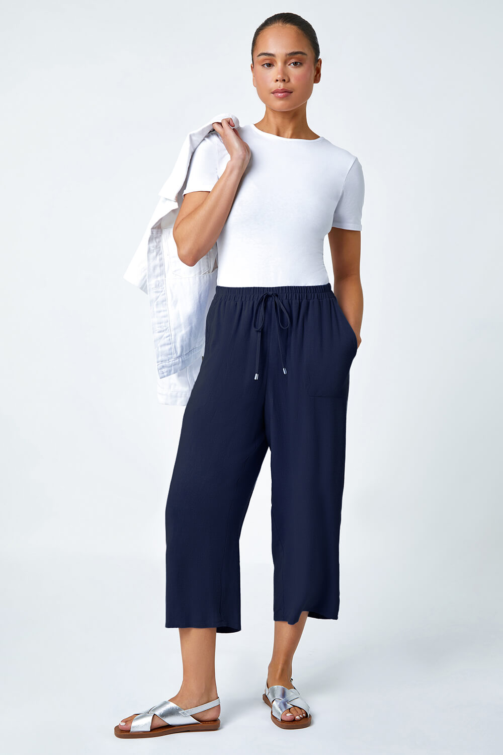 NAVY Petite Linen Mix Wide Cropped Trousers | Roman UK