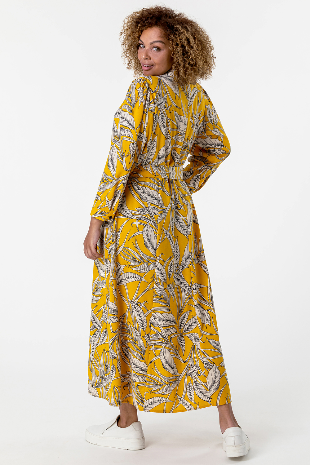 Yellow Curve Tropical Print Shirt Dress, Image 2 of 5