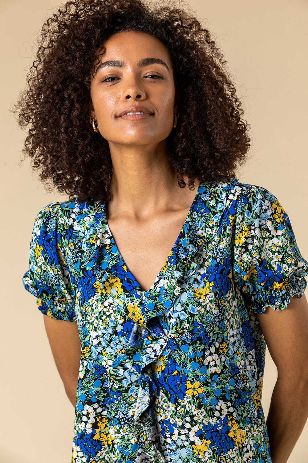 Blue Floral Print Frill Detail Blouse, Image 4 of 5