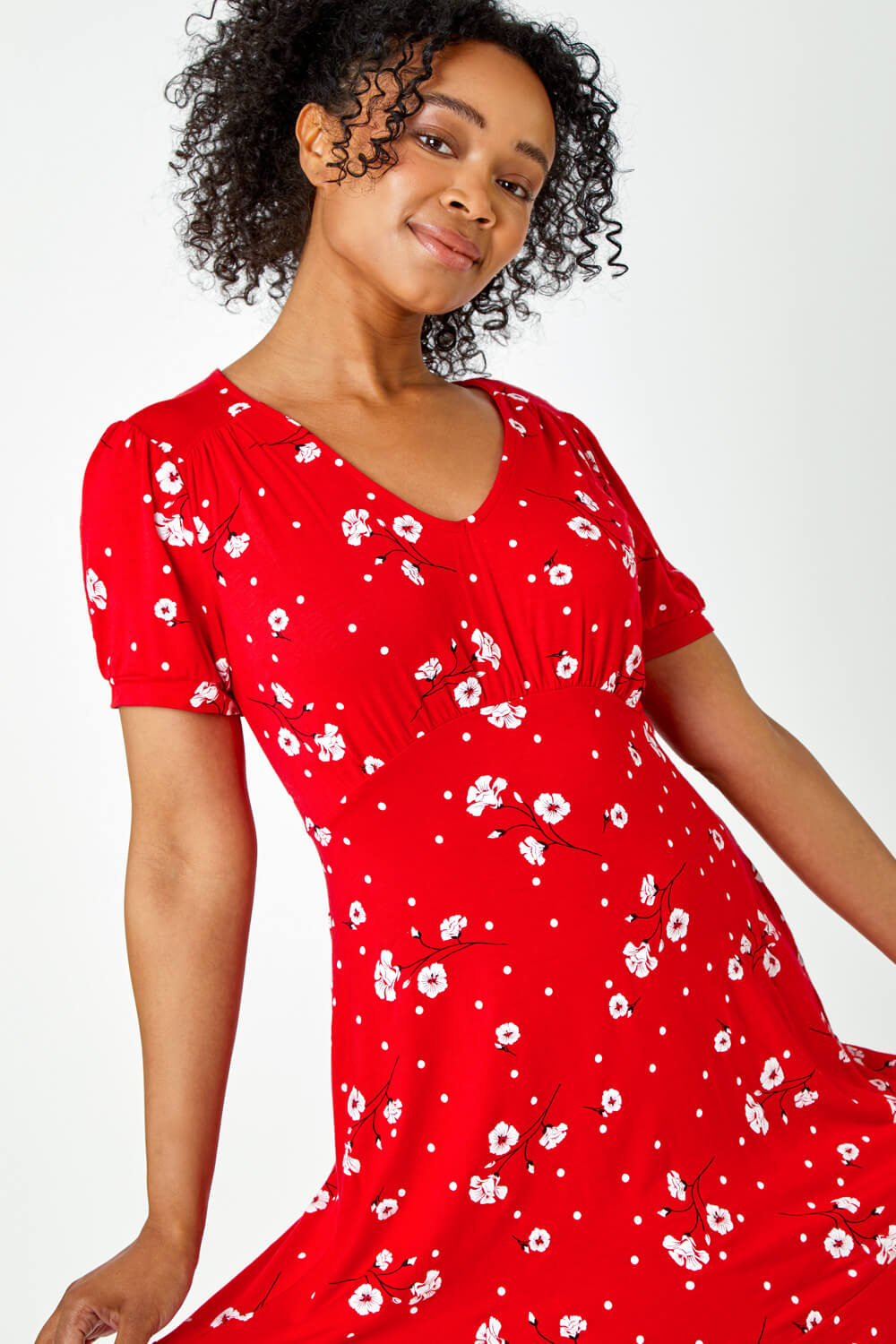 Red Petite Floral Puff Sleeve Frill Hem Dress , Image 4 of 5