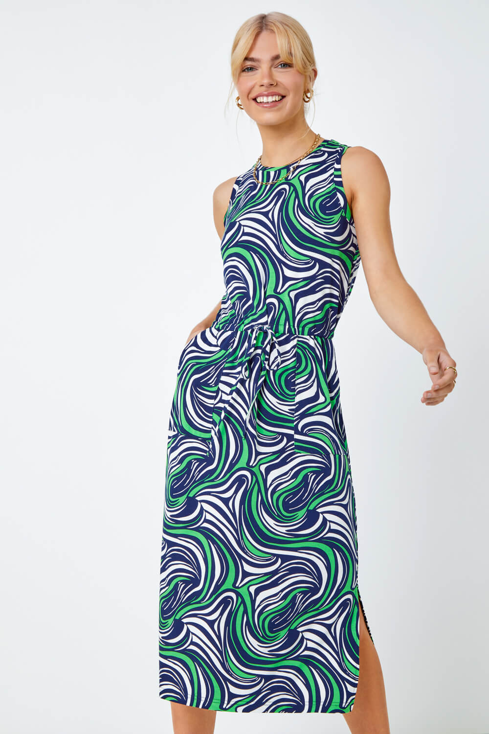 Green Sleeveless Swirl Print Midi Dress, Image 4 of 5