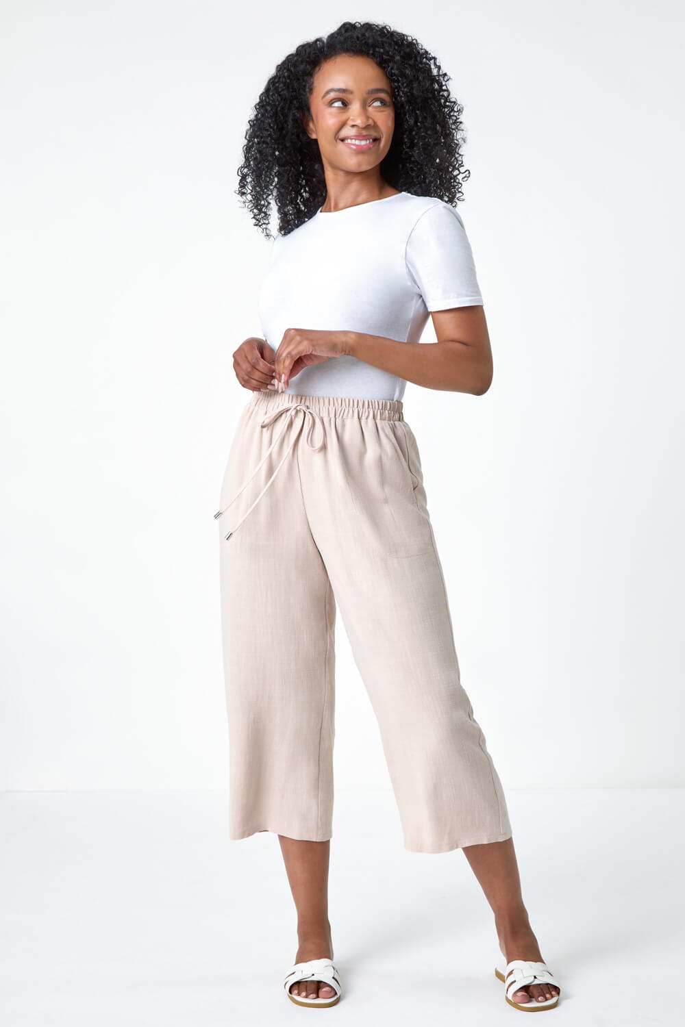 Stone Petite Linen Mix Wide Cropped Trousers, Image 2 of 5