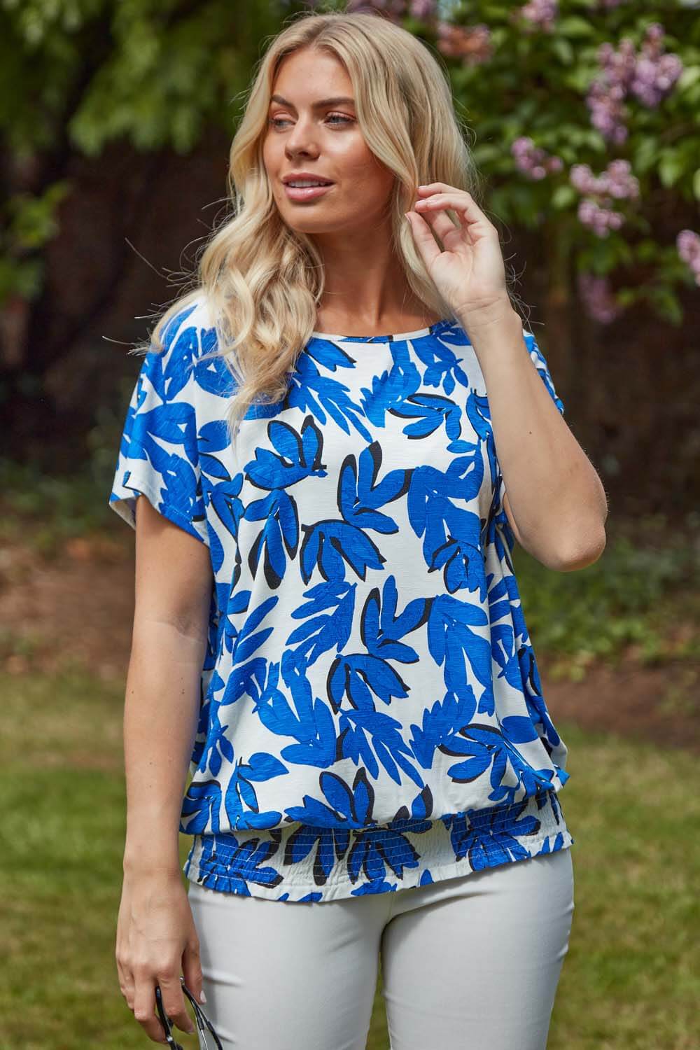Royal Blue Shirred Hem Tropical Floral Print T-Shirt, Image 2 of 3