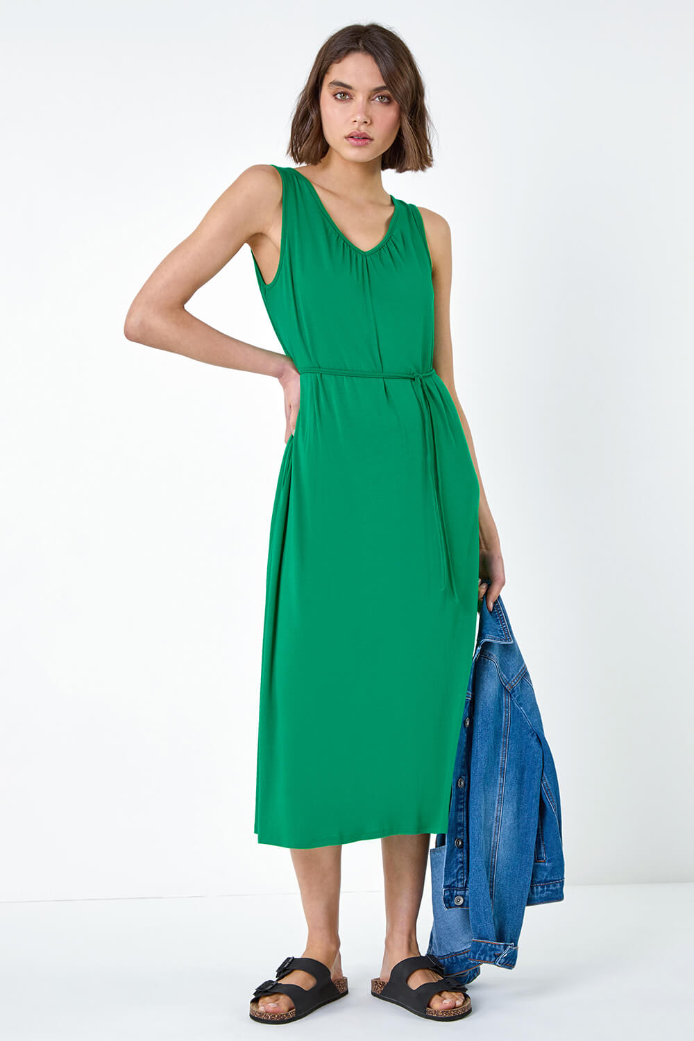 Green Gathered Tie Detail Stretch Midi Dress, Image 2 of 5