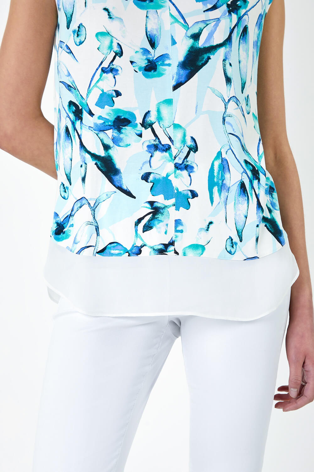 Blue Floral Print Chiffon Hem T-Shirt, Image 5 of 5