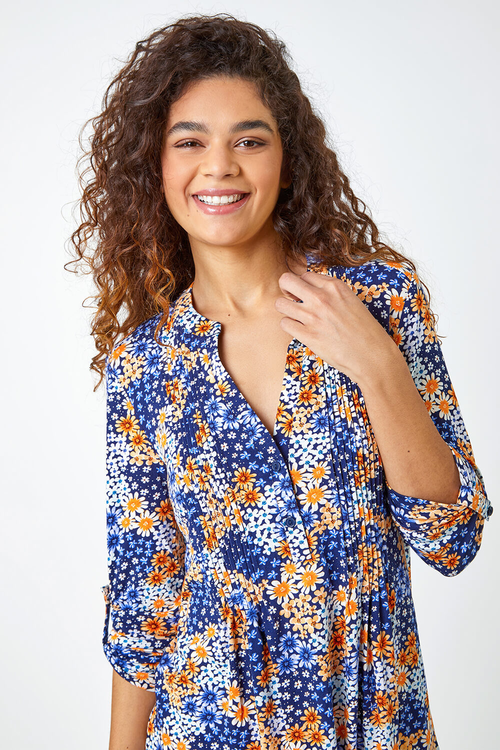 ORANGE Ditsy Floral Pintuck 3/4 Sleeve Jersey Shirt, Image 4 of 5