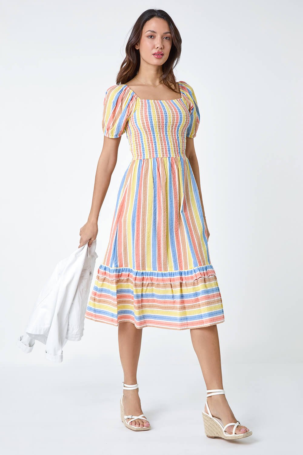 Stripe Shirred Puff Sleeve Cotton Dress