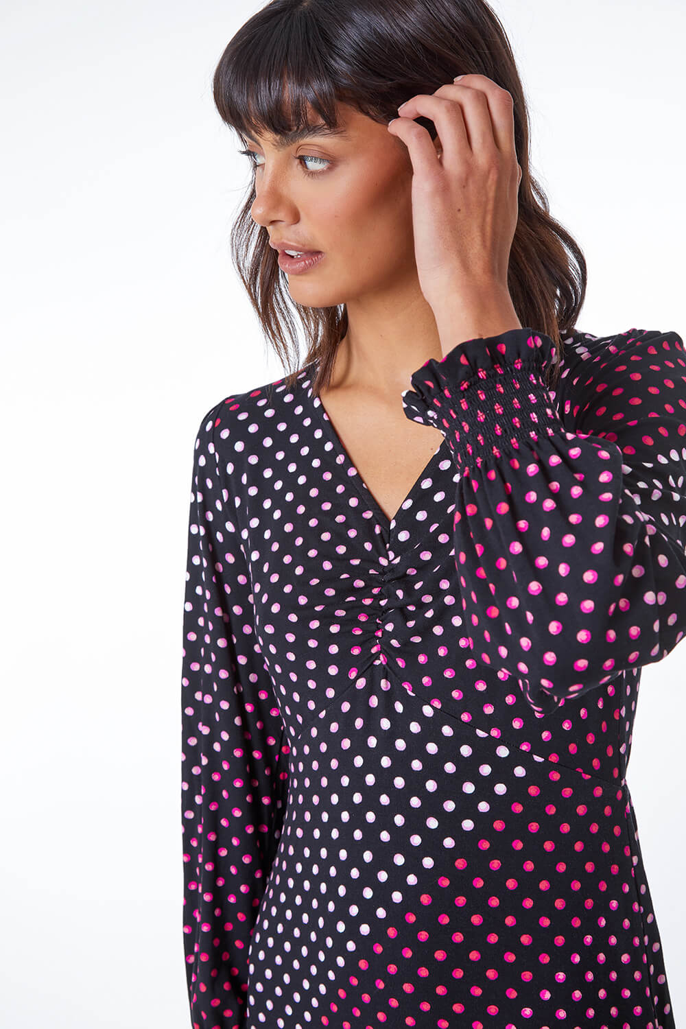 PINK Spot Print Ruched Detail Stretch Dress, Image 2 of 5