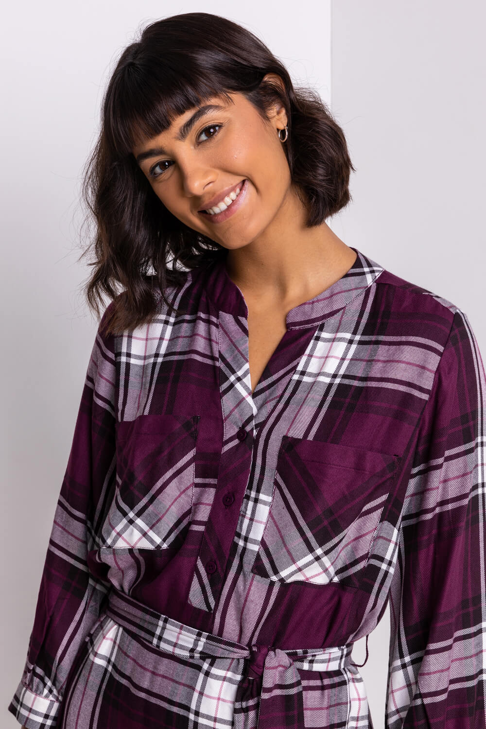 Purple Check Print Shirt Dress, Image 4 of 4