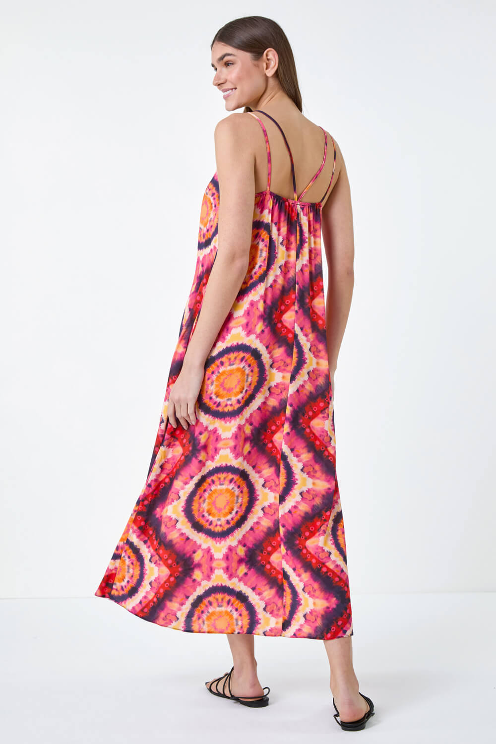 Fuchsia Tie Dye Crochet Detail Pocket Midi Dress, Image 3 of 5