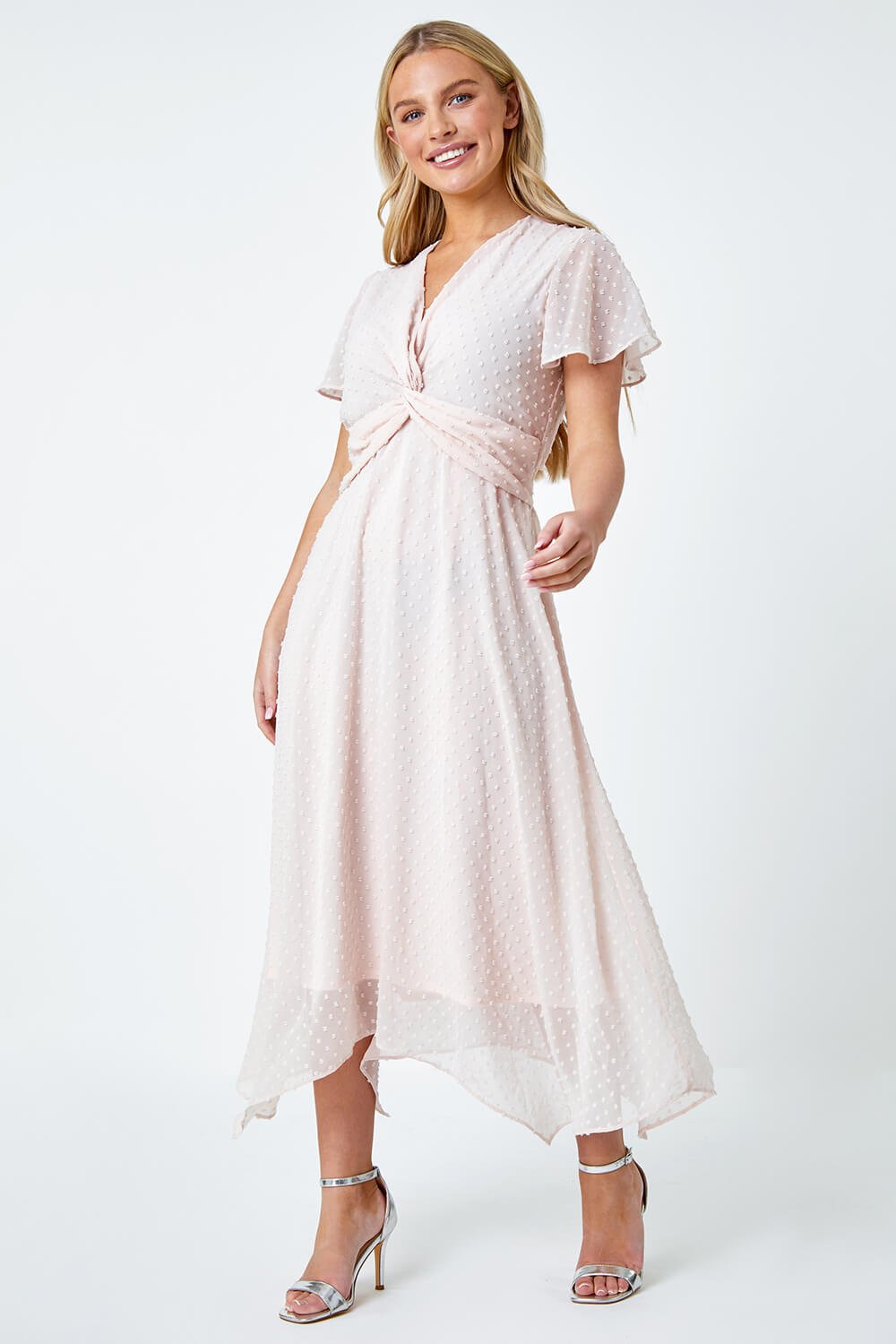 Light Pink Petite Textured Spot Twist Front Midi Dress | Roman UK