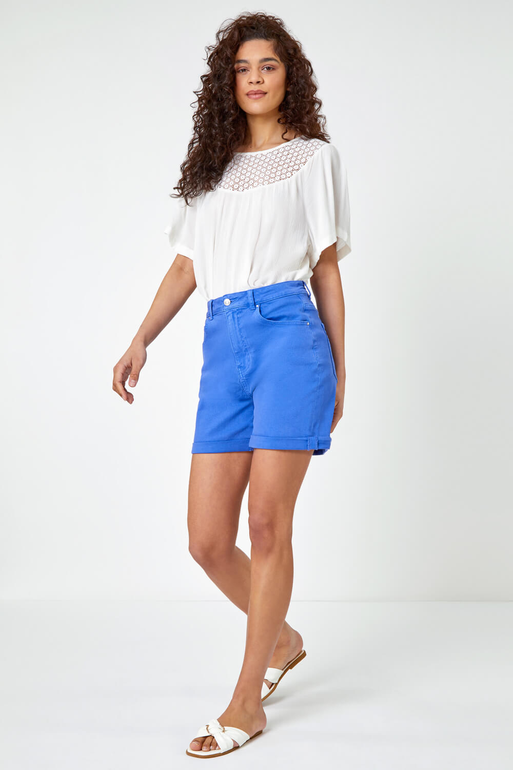 Blue Turn Up Cotton Stretch Shorts, Image 2 of 5