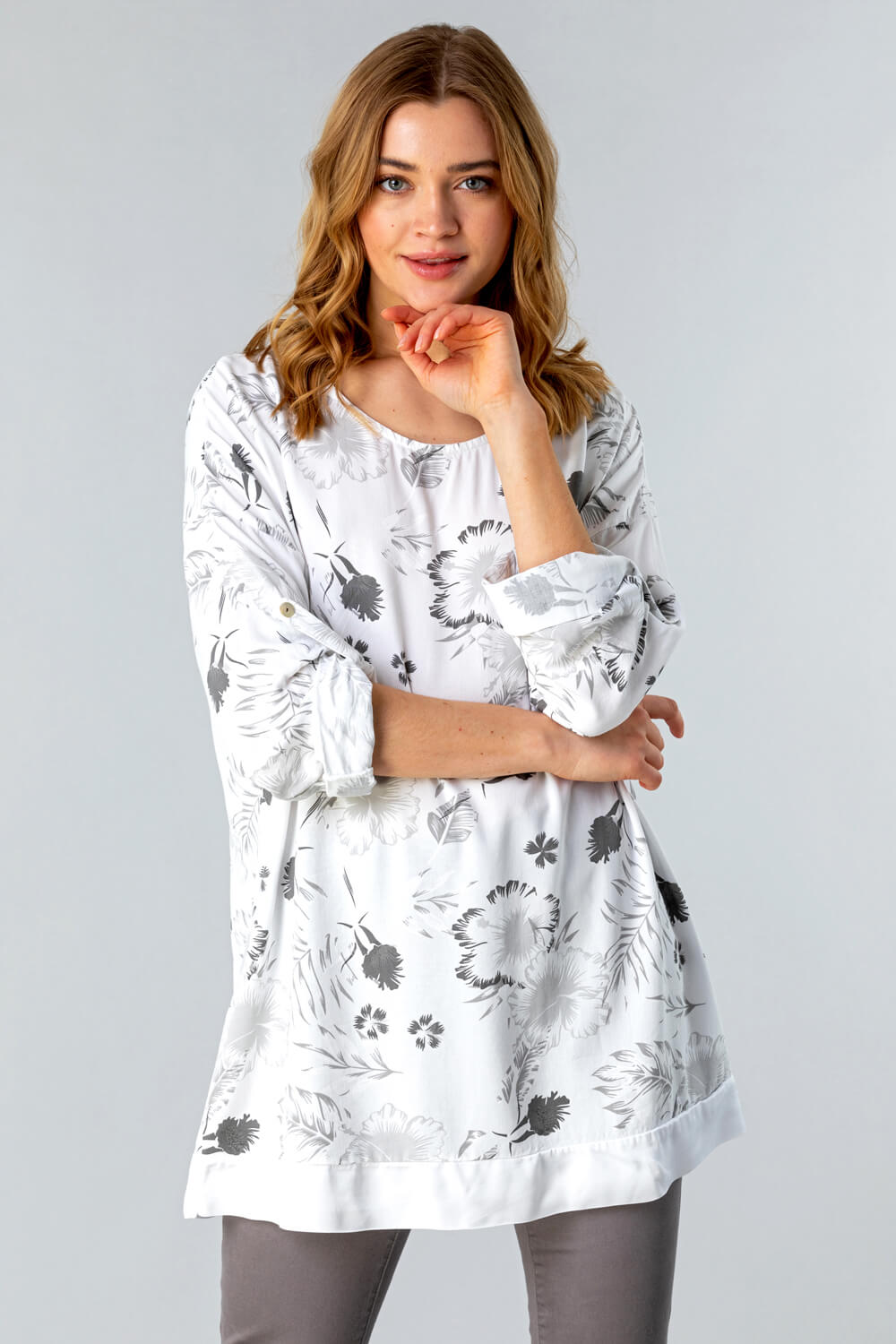 White Floral Print Longline Tunic Top, Image 3 of 4