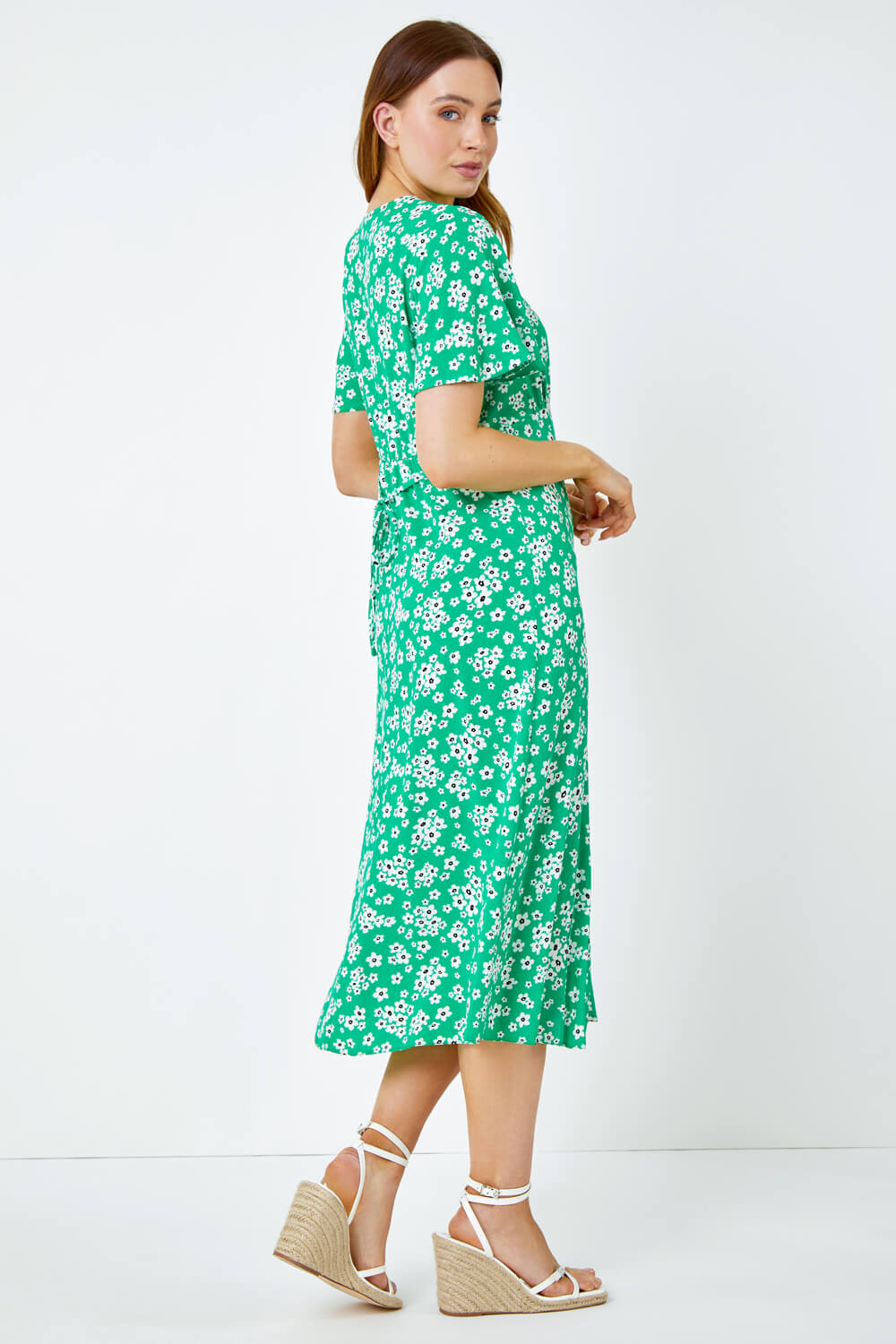 Green Floral Print Button Detail Midi Dress, Image 3 of 5