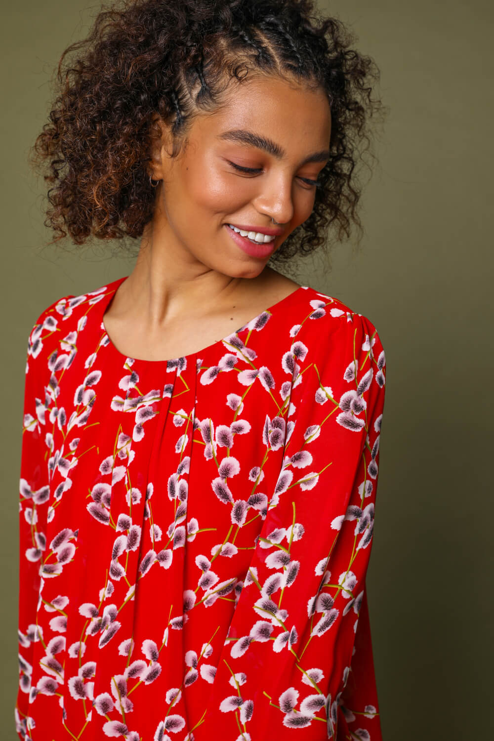 Red Floral Print Pleated Neck Top, Image 4 of 5