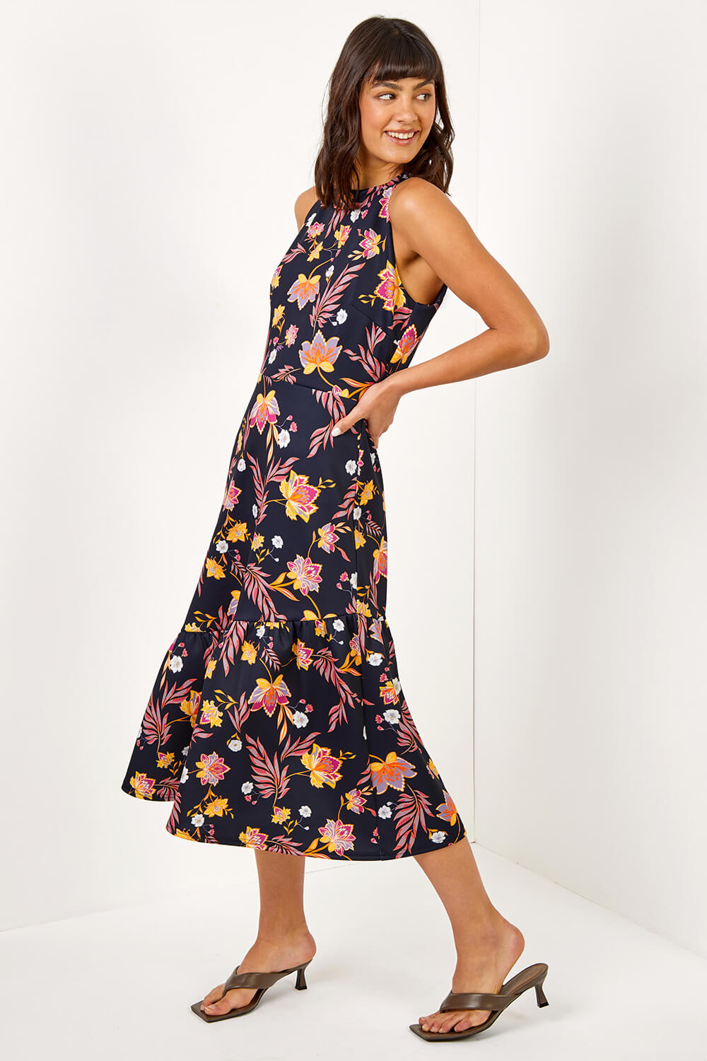 Navy  Floral Halter Neck Luxe Stretch Dress, Image 3 of 5