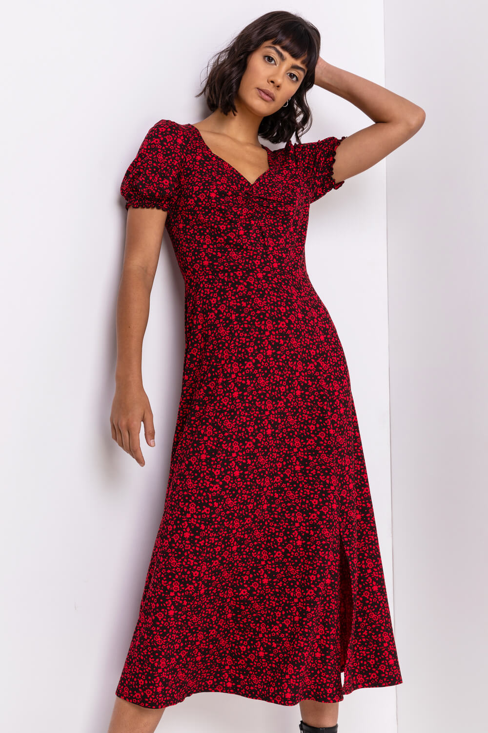 Ditsy Floral Jersey Midi Dress in Red ...
