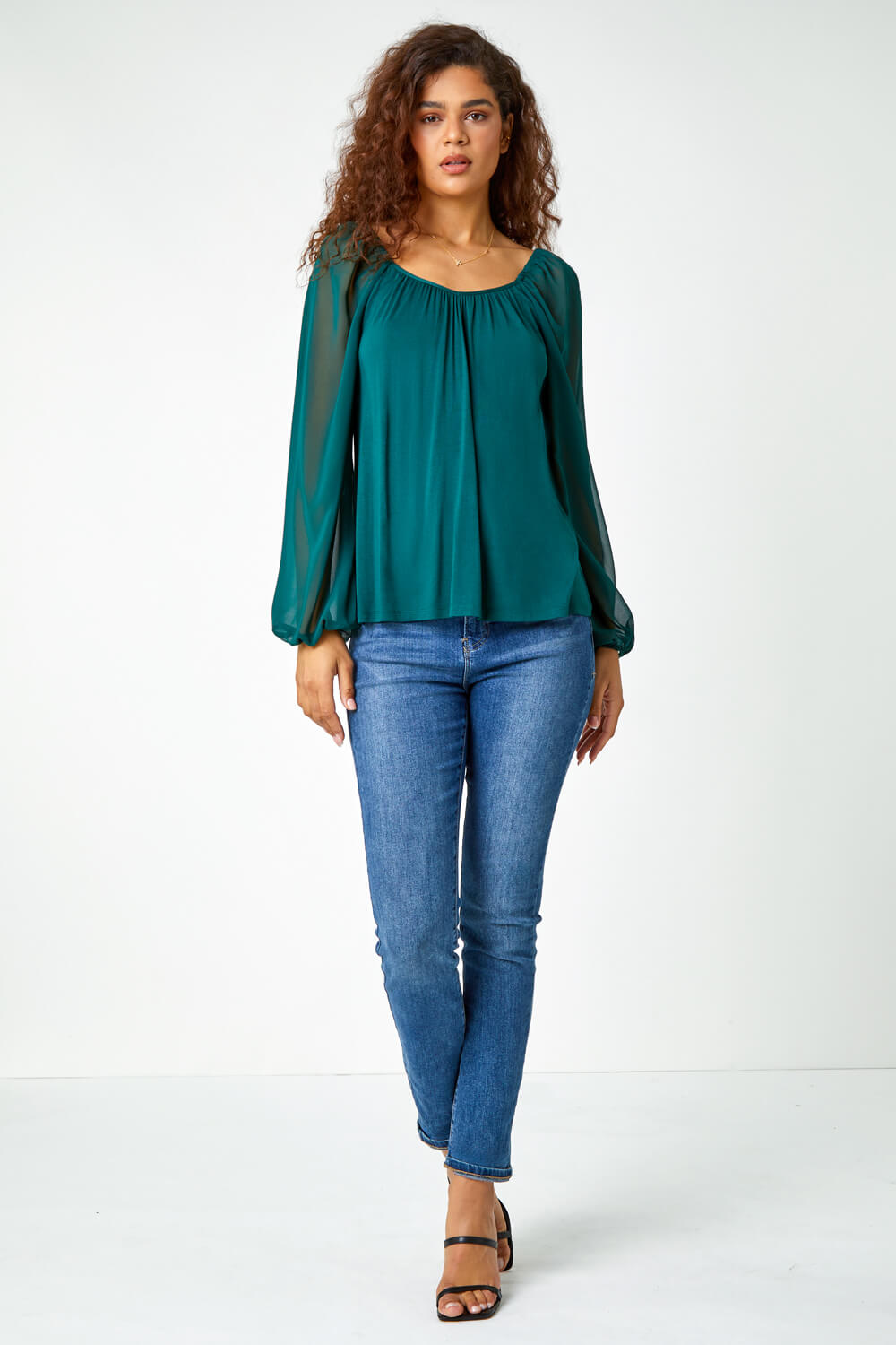 Green Contrast Chiffon Sleeve Stretch Top, Image 2 of 5