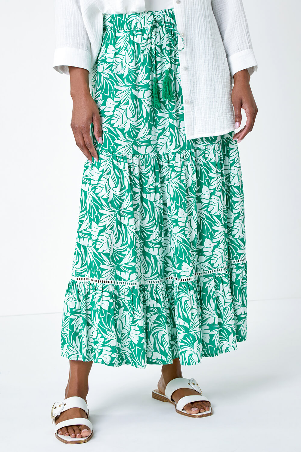 Green Floral Tassel Tie A Line Tiered Midi Skirt, Image 4 of 5