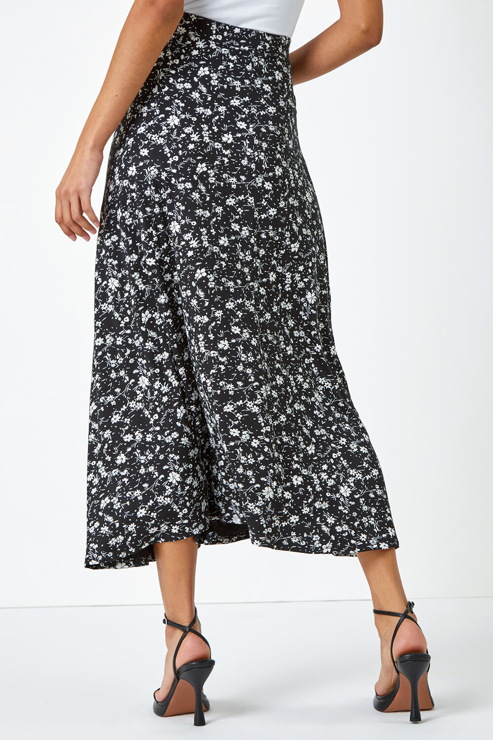 Black Ditsy Floral Print Midi Skirt, Image 3 of 4