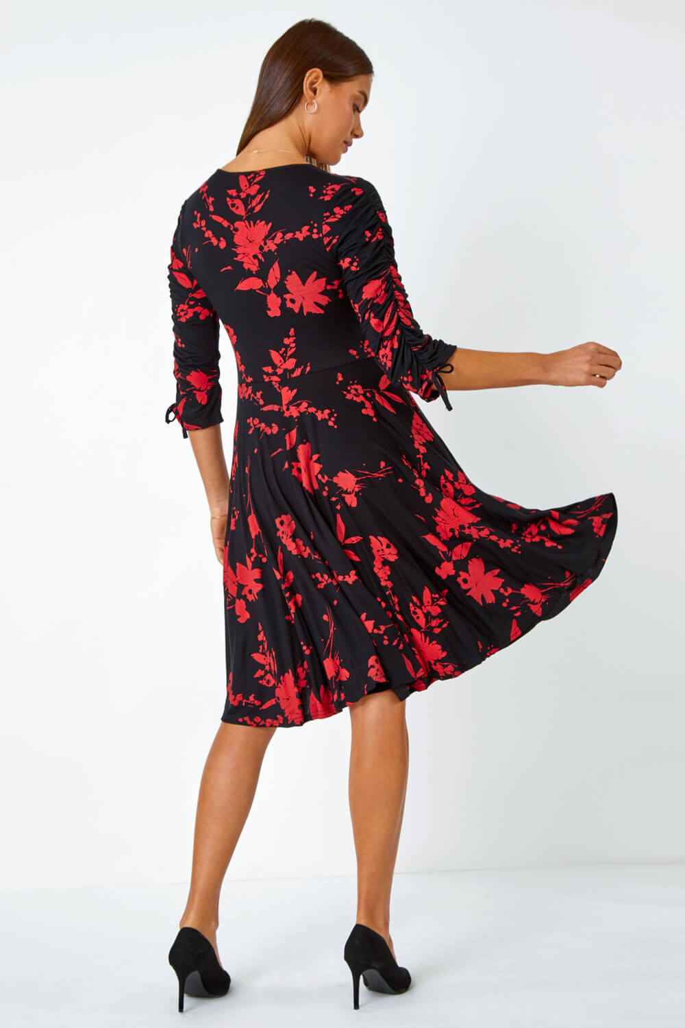 Red Floral Shadow Print Ruched Stretch Dress | Roman UK
