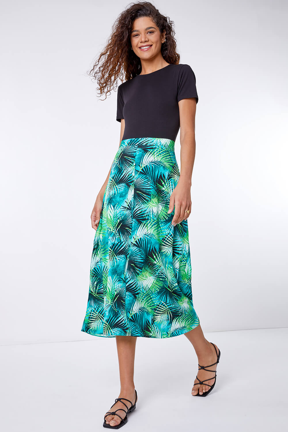 Green Tropical Leaf Button Detail Midi Skirt, Image 4 of 5